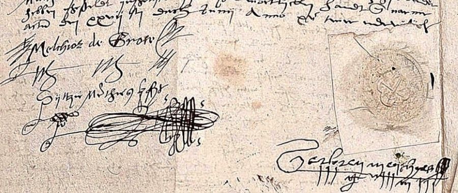 Historische akte uit 1565 met handtekeningen van Sijtse Meijnts en Gerbren Meijnthes